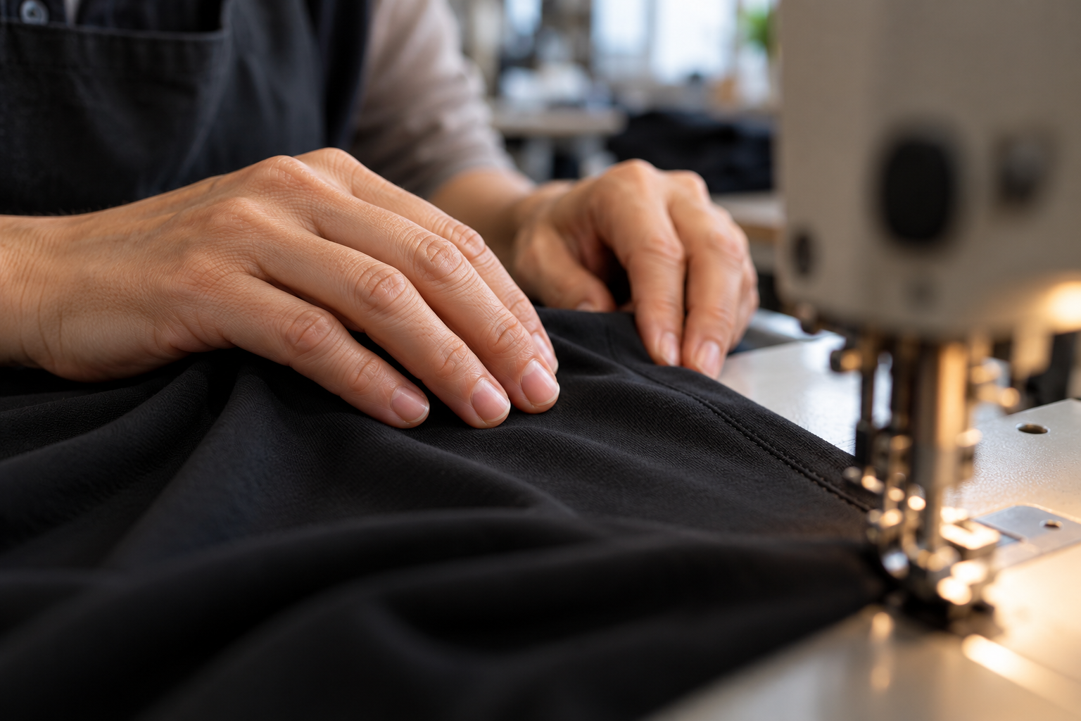 Mãos conduzindo uma malha fina durante a costura industrial